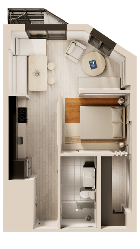 Floor plan for 1 bed, 1 bath, 592 sqft